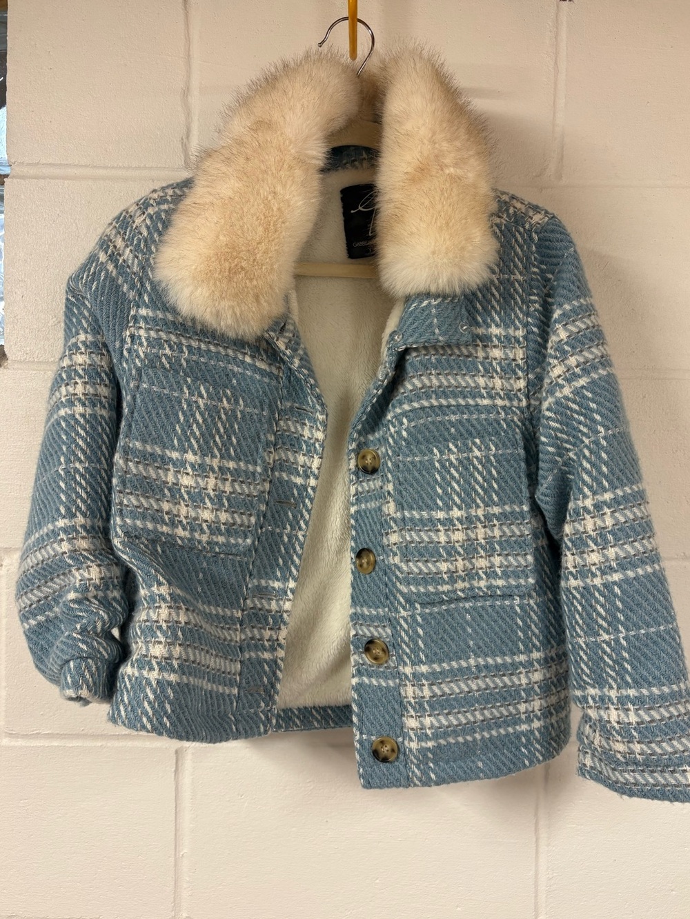 Gabby Isabella Plaid Blue & Cream Fur Collar Jacket